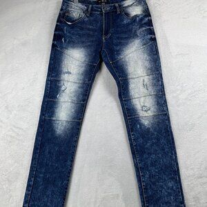 WT02 Slim Straight Leg Jeans Mens Size 32/30 Ripped Acid Wash Mid Rise Blue